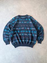 Vintage Knitted Pullover Jumper Men’s Large Blue Boxy Patterned 1990s Knit