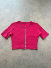 Y2K Crop Top Women’s Small Pink Ribbed Zip Front Fitted Stretch Summer