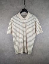 St Michael Polo Shirt Mens Large L Cream Stripped Vintage 90s Short Sleeve
