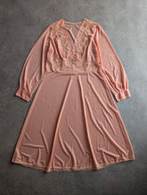 Vintage 1970s Dress Women's Medium Pink Boho Prairie Lace Midi