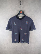 St Michael Top Womens Medium M Knitted Purple Embroidered Vintage 90s