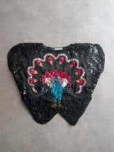 Vintage 1980s Hand Embroidered Peacock Top Women's One Size Black Sequin