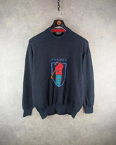 Jaeger Jumper Mens XL Extra Large Navy Vintage 80s Golf Embroidered Wool