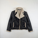 Womens Y2K Jacket Large Faux Leather Sherpa Clasp Coat Large Brown Vintage