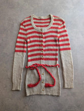 Vintage 1970s Knitted Cardigan Women’s Small Beige Red Striped Belted Longline