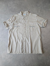 Up Line Y2K Shirt Mens Large Vintage Short Sleeve Boxy Beige Minimal Button Up