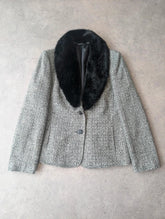 Bhs Vintage Y2K Blazer Jacket Women’s 14 Grey Faux Fur Collar Smart Formal