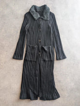 Y2K Longline Cardigan Women’s Medium Black Knitted Faux Fur Collar Coatigan