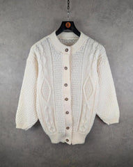 Vintage Hand Knitted Jumper Womens L Large Aran Cream Cardigan