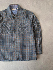 Vintage 1970s Overshirt Men’s Medium Blue Western Plaid Wool Lightweight Dagger