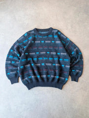 Vintage Knitted Pullover Jumper Men’s Large Blue Boxy Patterned 1990s Knit