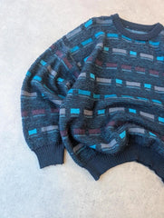 Vintage Knitted Pullover Jumper Men’s Large Blue Boxy Patterned 1990s Knit