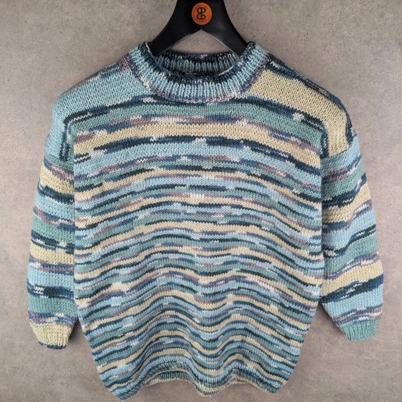 Hand Knitted Jumper Womens Large L Blue Pullover Vintage