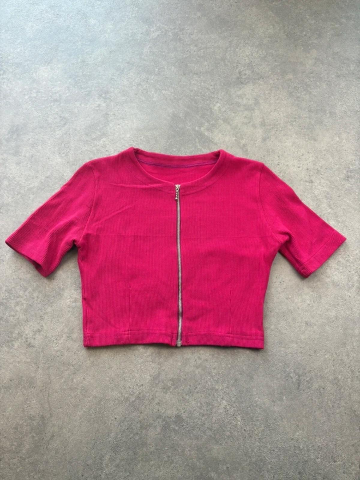 Y2K Crop Top Women’s Small Pink Ribbed Zip Front Fitted Stretch Summer