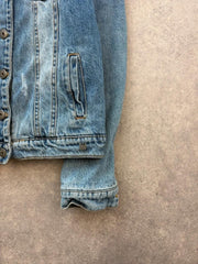 Y2K Denim Jacket Women’s XS Blue Distressed Fleece Lined Sherpa Trucker Jacket