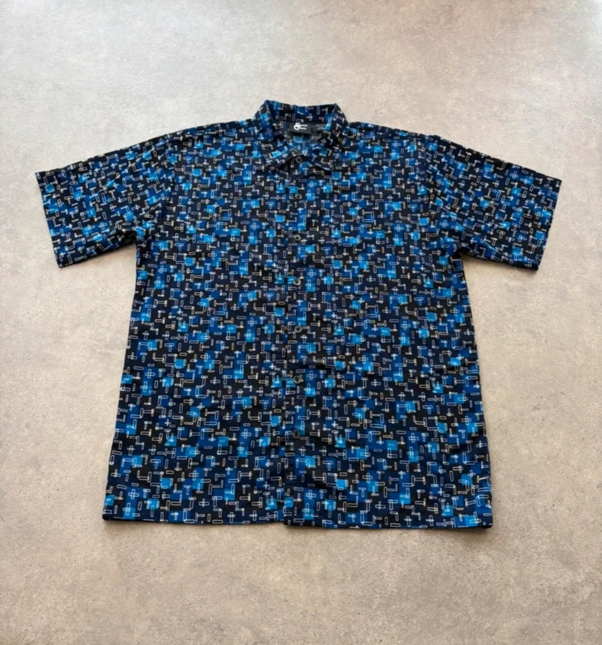 Vintage 1990s Shirt Men’s Large Blue Retro Geometric Short Sleeve Button Up