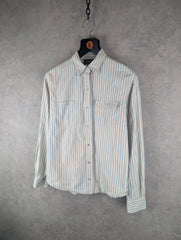 Ralph Lauren Shirt Womens Medium M Long Sleeve Snap Button Pin Stripe Vintage 90s