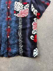 Hawaiian Shirt Men’s Large Thai Silk Black Red Floral Tropical Holiday Festival