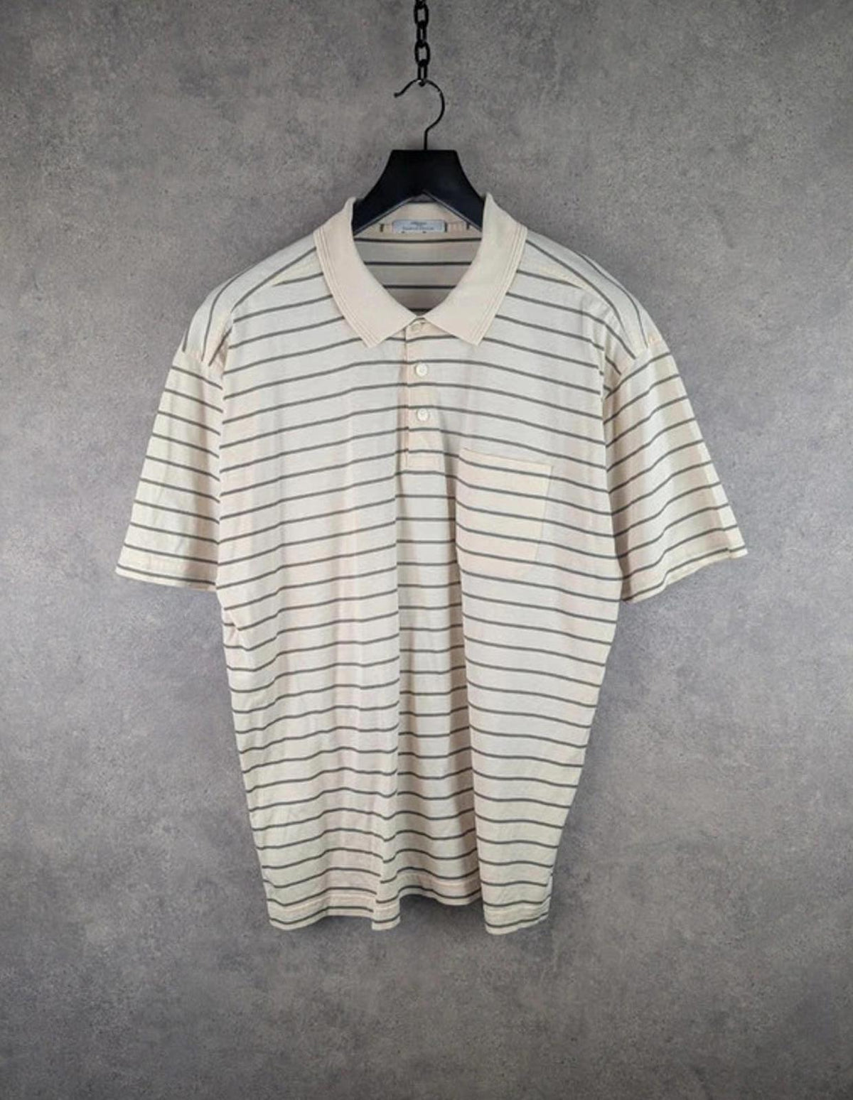 St Michael Polo Shirt Mens Large L Cream Stripped Vintage 90s Short Sleeve