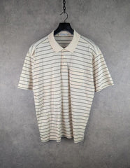 St Michael Polo Shirt Mens Large L Cream Stripped Vintage 90s Short Sleeve