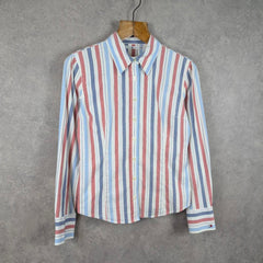 Tommy Hilfiger Shirt Womens Blouse Size 8 Y2K Striped Long Sleeve
