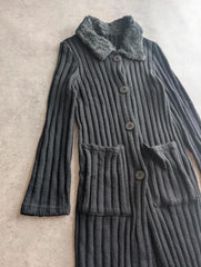 Y2K Longline Cardigan Women’s Medium Black Knitted Faux Fur Collar Coatigan