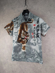 Y2K Tiger Graphic Print Shirt Mens S Small Grey