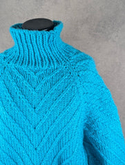 Hand Knitted Chunky Knit High Neck Jumper Women’s Medium Oversized Blue