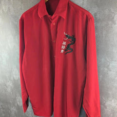 Y2K Shirt Dragon Embroidery Long Sleeve Red Men's XL