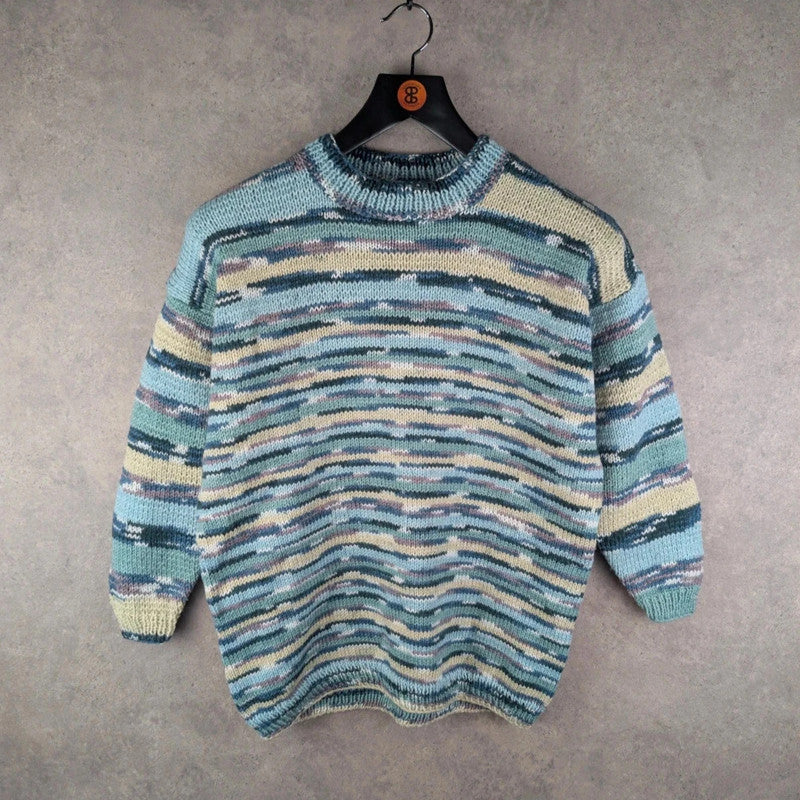 Hand Knitted Jumper Womens Large L Blue Pullover Vintage