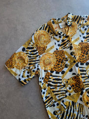 Vintage 1980s Bentley Blouse Women’s Medium White Gold Print Baroque Rayon