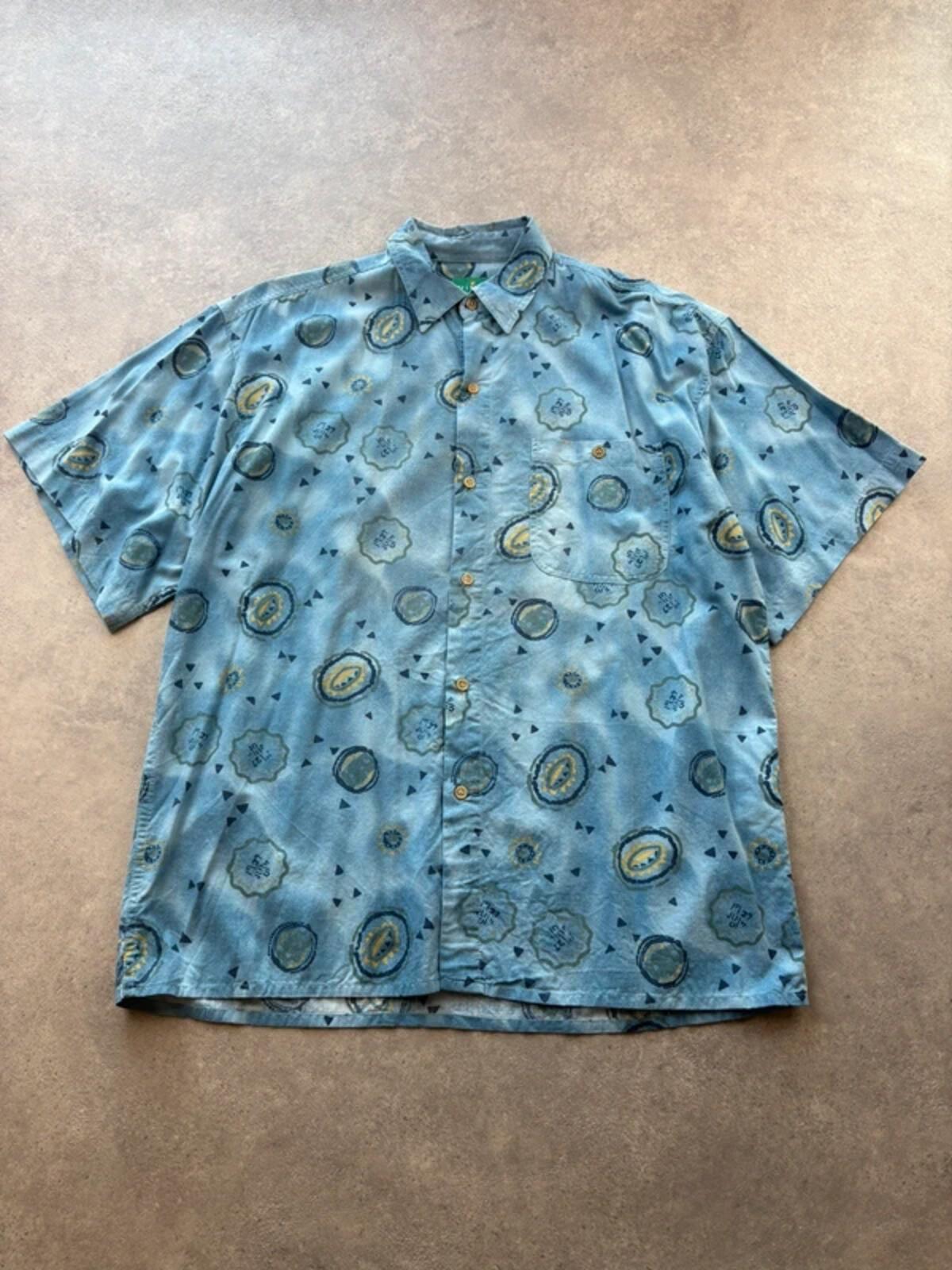 Vintage 1990s Shirt Men’s Large Blue Abstract Pattern Short Sleeve Retro