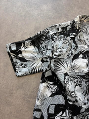 Y2K Shirt Men’s Large Black Tiger Print Short Sleeve Button Up Graphic Festival