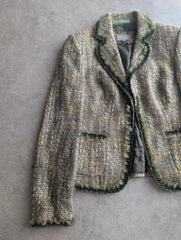 Per Una Jacket Women's Small Green Tweed Y2K Boho Ruffle Trim Tailored Blazer
