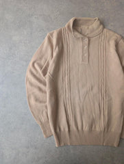 Vintage 1980s Knitted Polo Shirt Womens Small Beige Cable Knit Pullover Retro