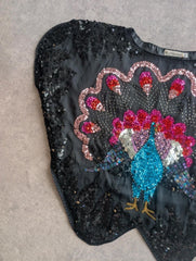 Vintage 1980s Hand Embroidered Peacock Top Women's One Size Black Sequin