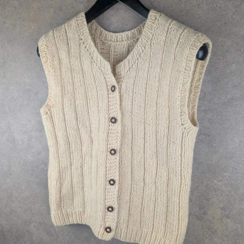Hand Knitted Jumper Womens Medium M Cream Cardigan Waistcoat Button Up Vintage Icelandic