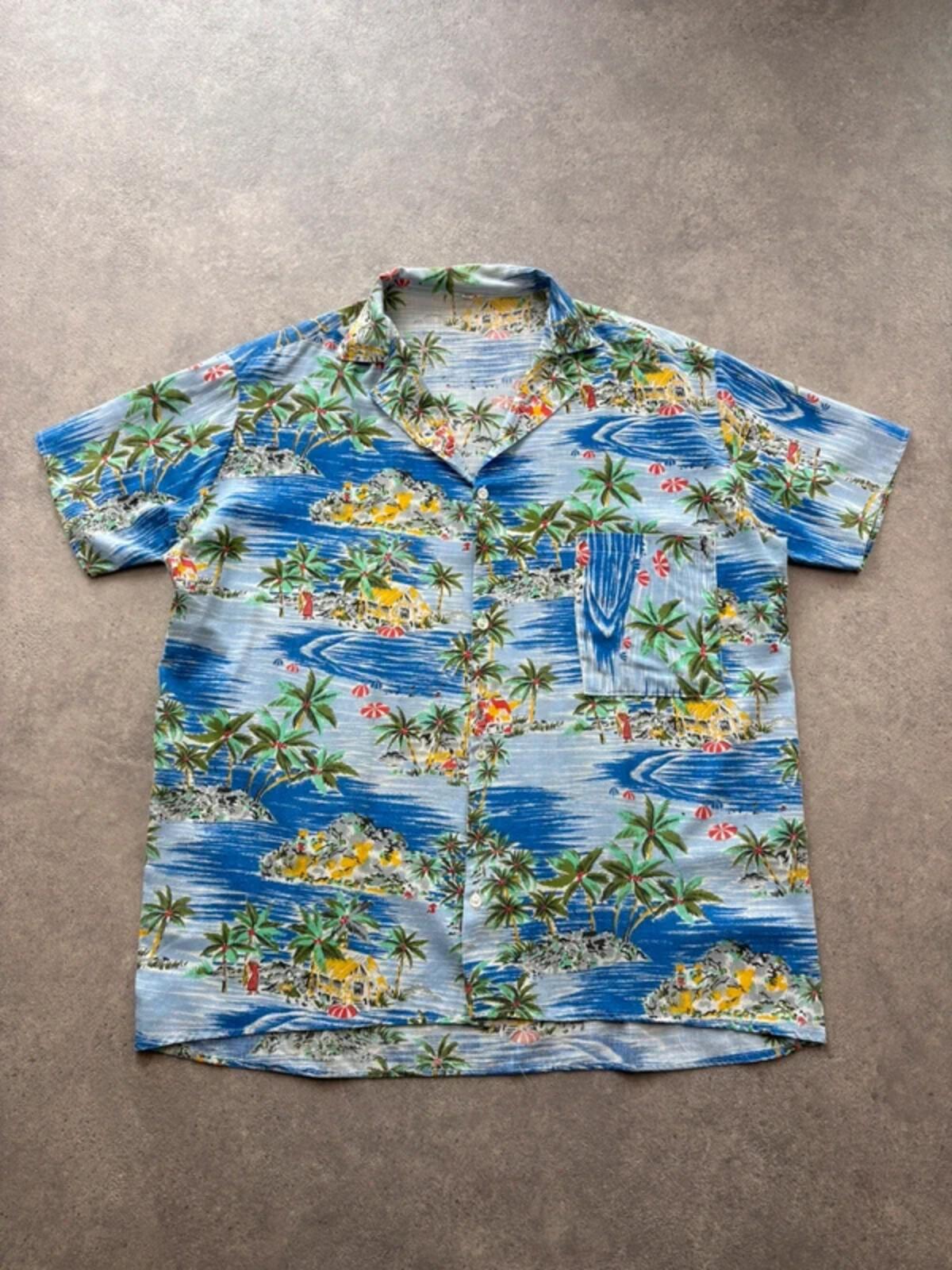 Vintage Hawaiian Shirt Men’s Medium Blue Tropical Palm Tree Holiday Summer