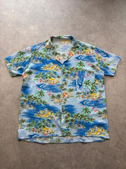 Vintage Hawaiian Shirt Men’s Medium Blue Tropical Palm Tree Holiday Summer