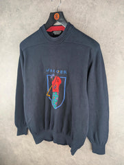 Jaeger Jumper Mens XL Extra Large Navy Vintage 80s Golf Embroidered Wool