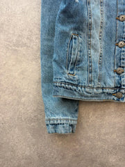 Y2K Denim Jacket Women’s XS Blue Distressed Fleece Lined Sherpa Trucker Jacket