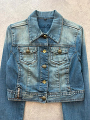 Y2K Denim Jacket Women’s Small Cropped Blue Fitted Western Casual