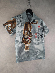 Y2K Tiger Graphic Print Shirt Mens S Small Grey