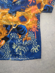 Y2K Shirt Men's Small Blue Japanese Dragon Graphic Short Sleeve