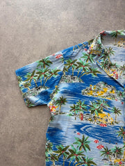 Vintage Hawaiian Shirt Men’s Medium Blue Tropical Palm Tree Holiday Summer