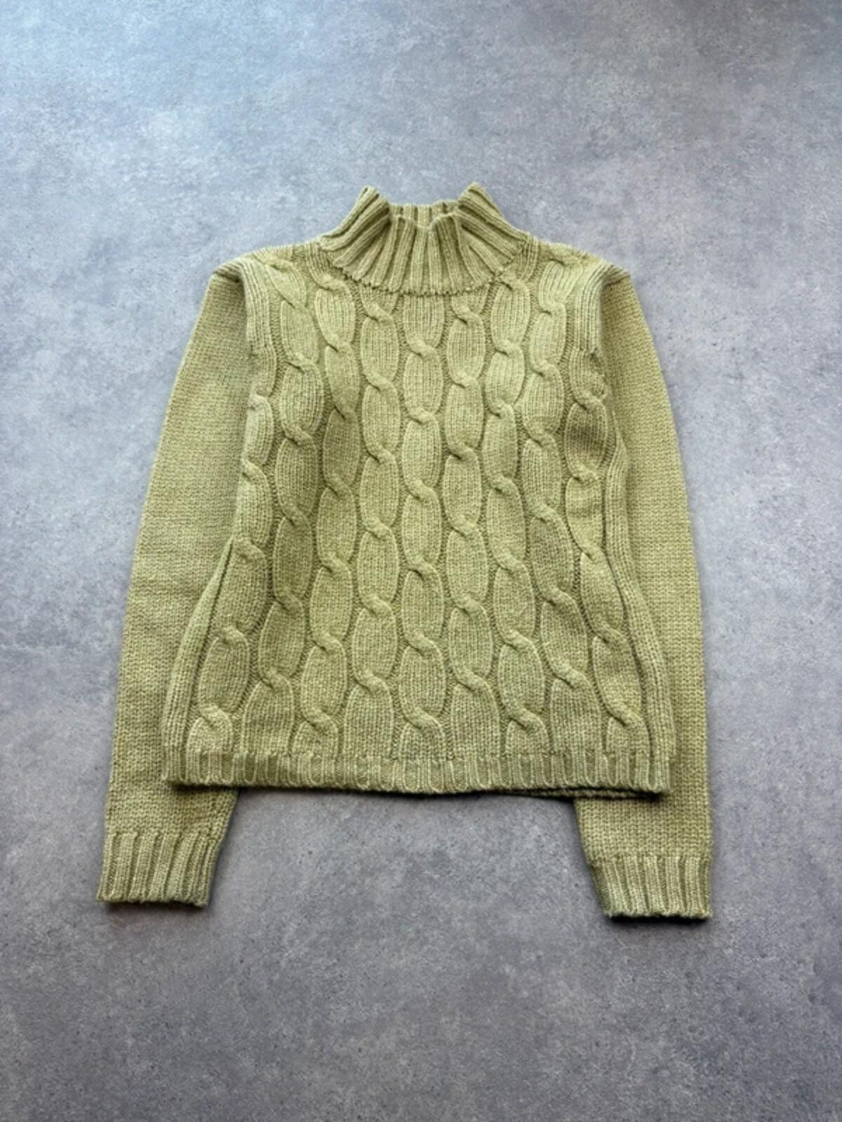 Y2K Knitted Jumper Womens Small Olive Green Cable Knit Soft Cozy Casual