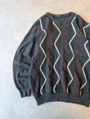 Jaeger Jumper Men’s Medium Grey Vintage 1980s Pullover Patterned Knit