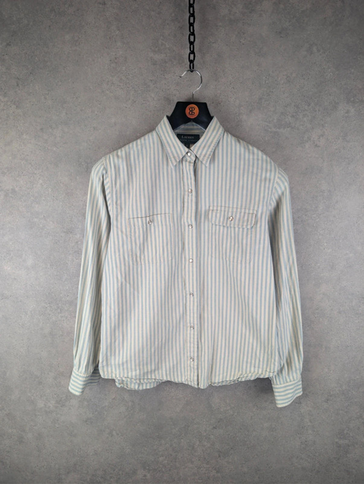 Ralph Lauren Shirt Womens Medium M Long Sleeve Snap Button Pin Stripe Vintage 90s