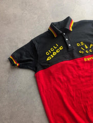 Vintage 1970s Spanish Cycling Jersey Men’s Large Red Black Knitted Retro