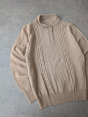 Vintage 1980s Knitted Polo Shirt Womens Small Beige Cable Knit Pullover Retro